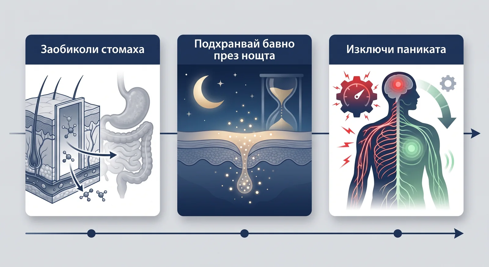 Трите стъпки: заобиколи стомаха, подхранвай бавно през нощта, изключи паниката